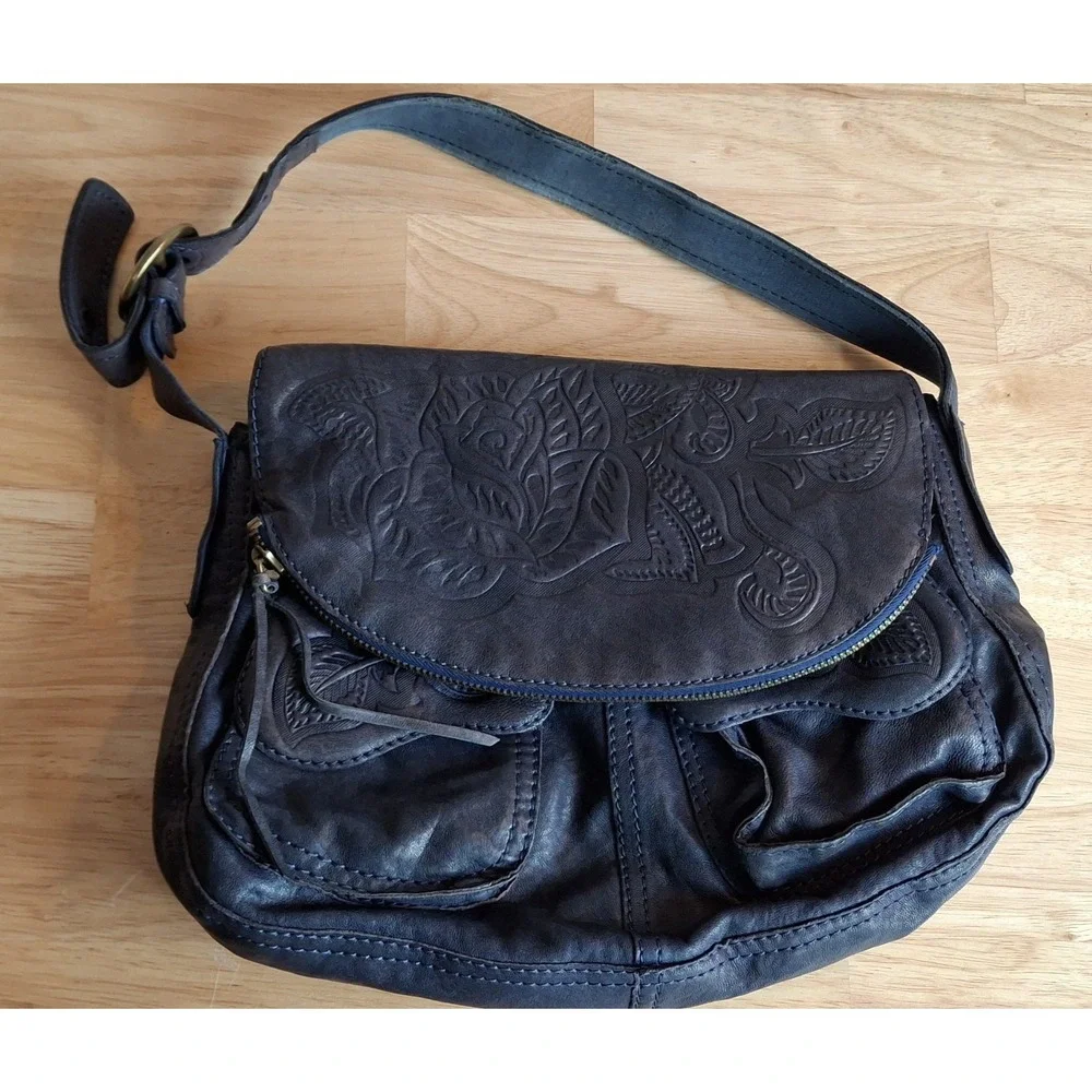 VTG Lucky Brand Y2K Dark Blue Lamb's Leather Hobo Boho Hippie Purse EUC